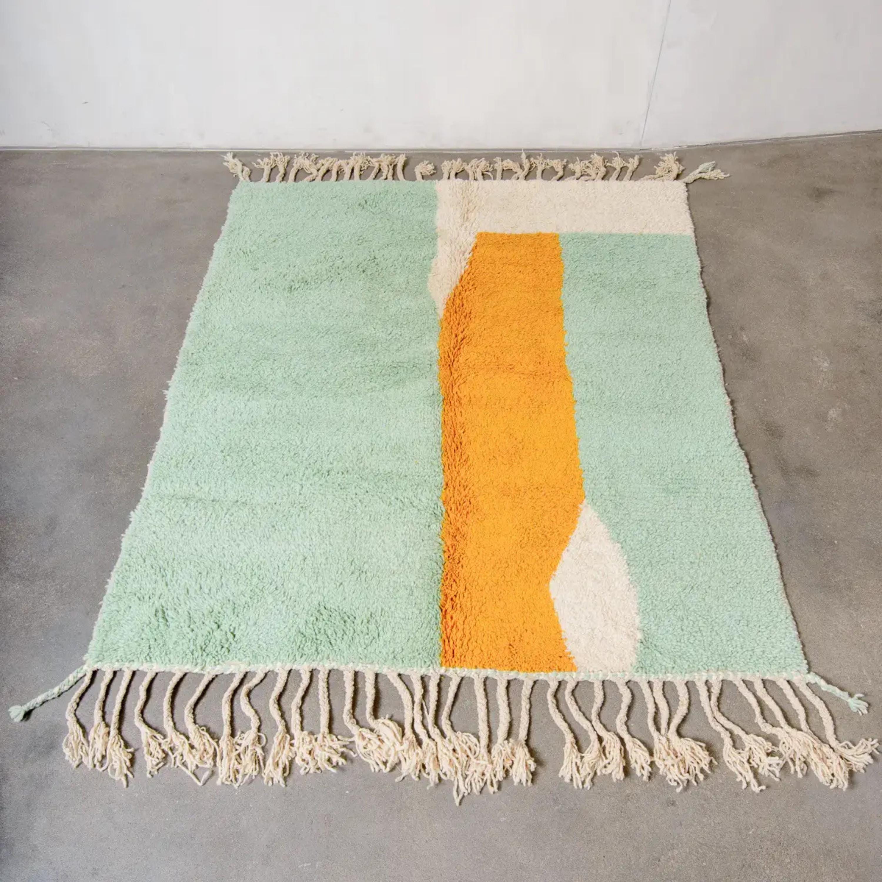 Handmade Beni Ourain Moroccan Rug: Orange & Green Berber Wool