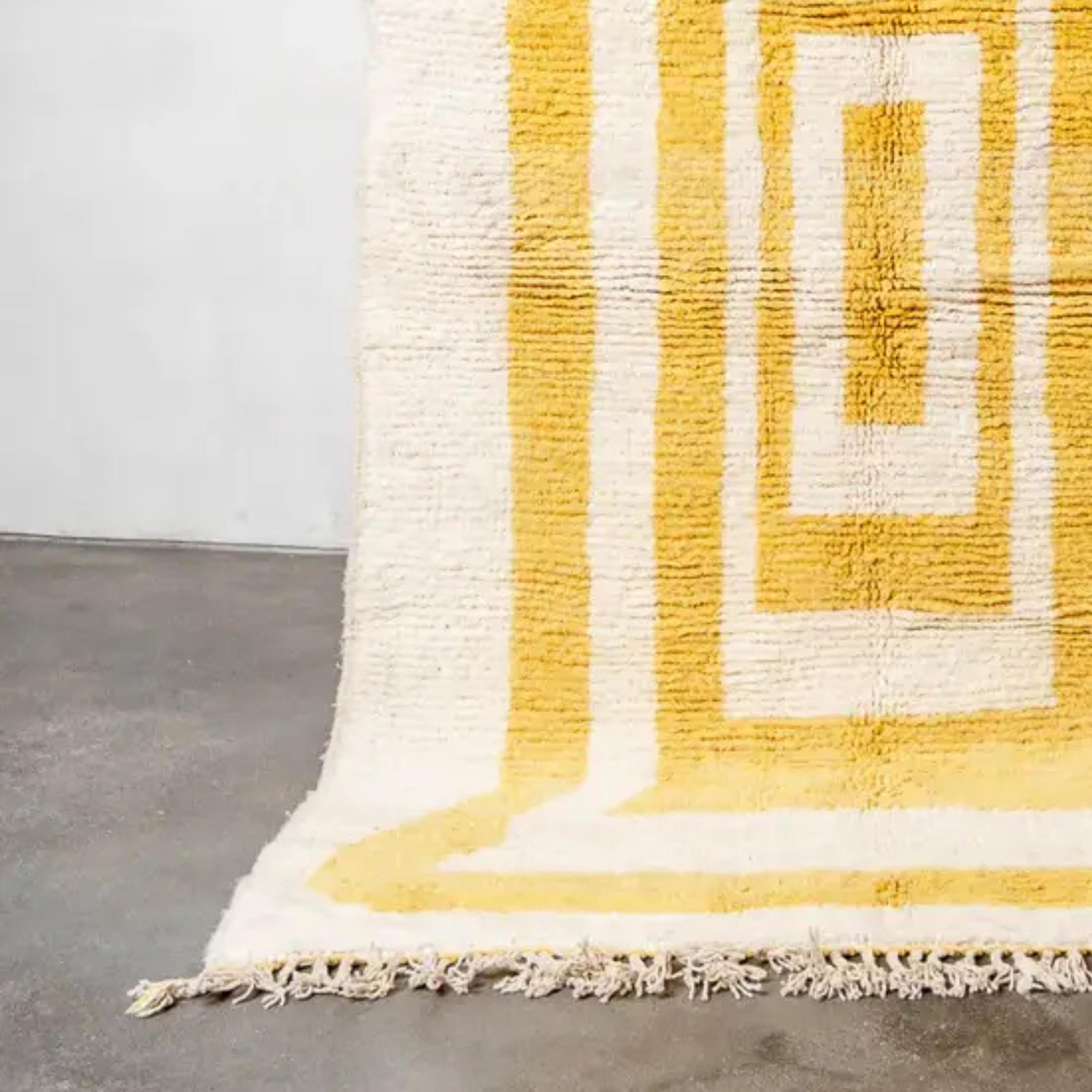 Hand Knotted Yellow Moroccan Rug: Beni Ourain Wool Carpet