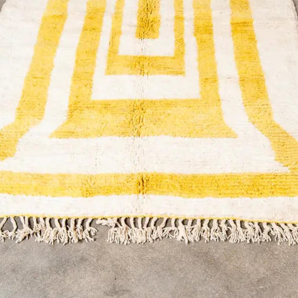 Hand Knotted Yellow Moroccan Rug: Beni Ourain Wool Carpet