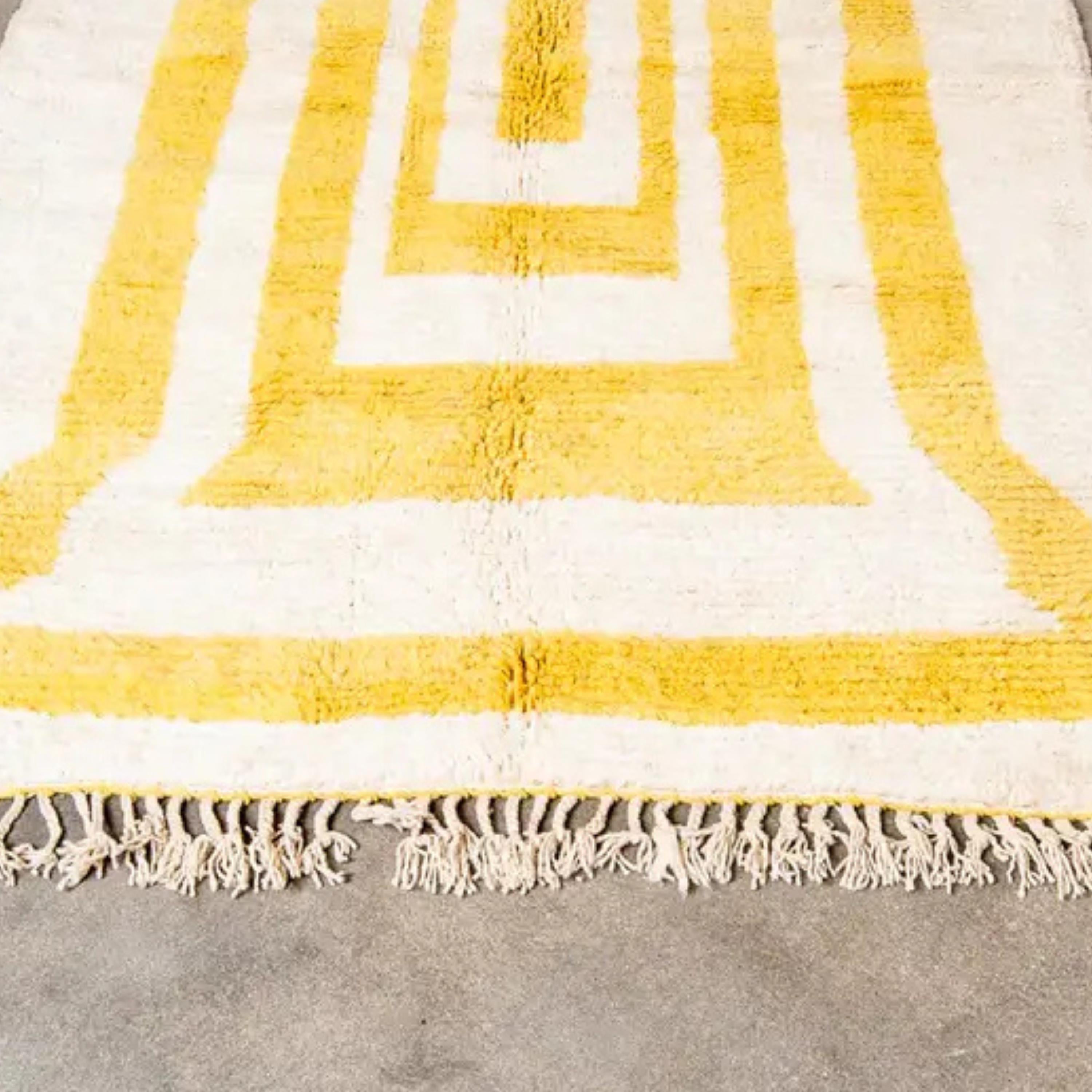 Hand Knotted Yellow Moroccan Rug: Beni Ourain Wool Carpet