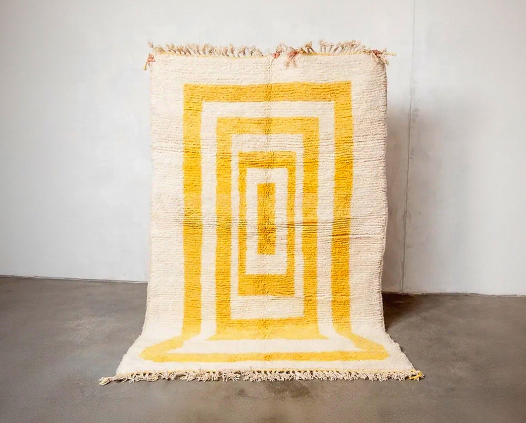 Hand Knotted Yellow Moroccan Rug: Beni Ourain Wool Carpet
