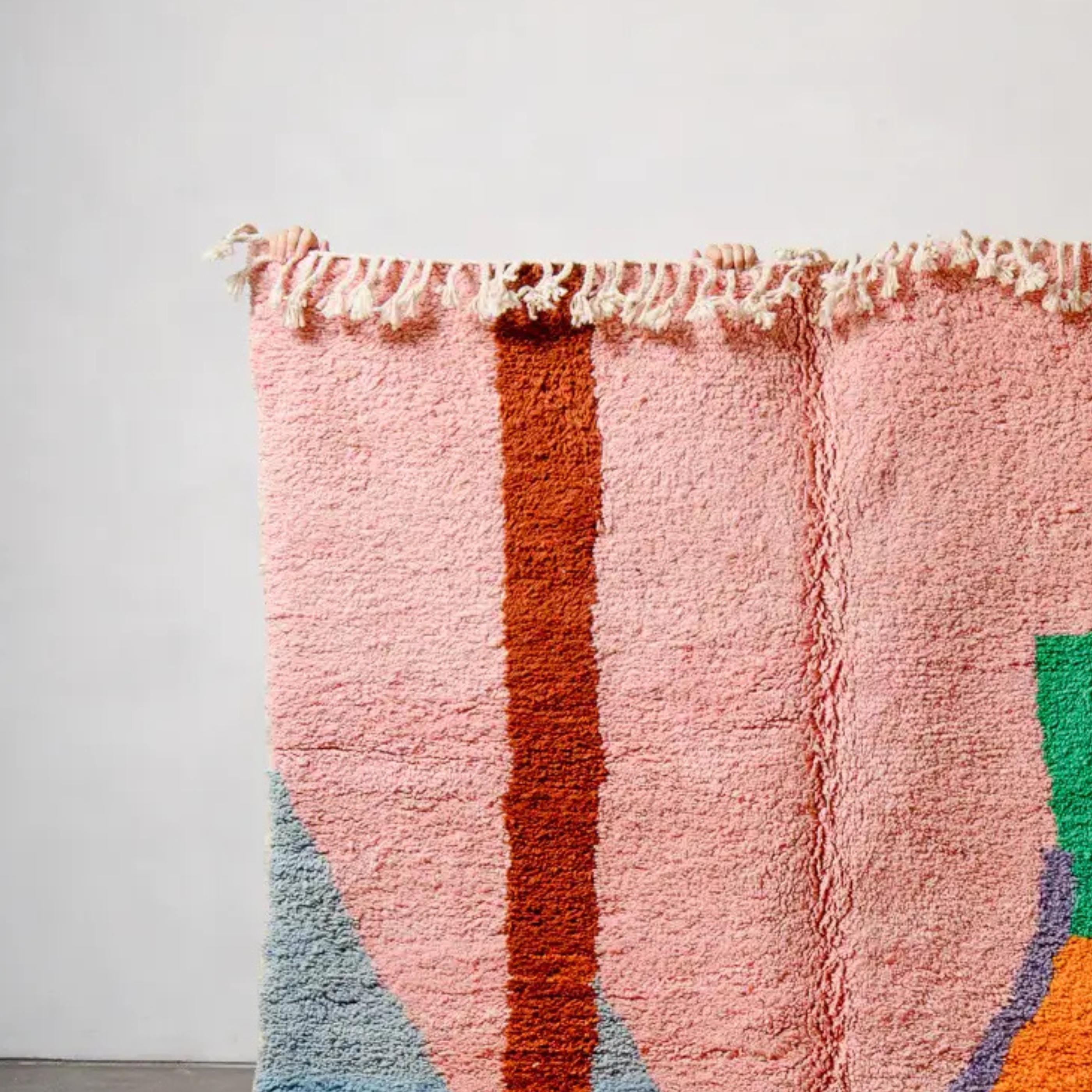 Handmade Pink & Green Beni Ourain Rug, Moroccan Wool rug