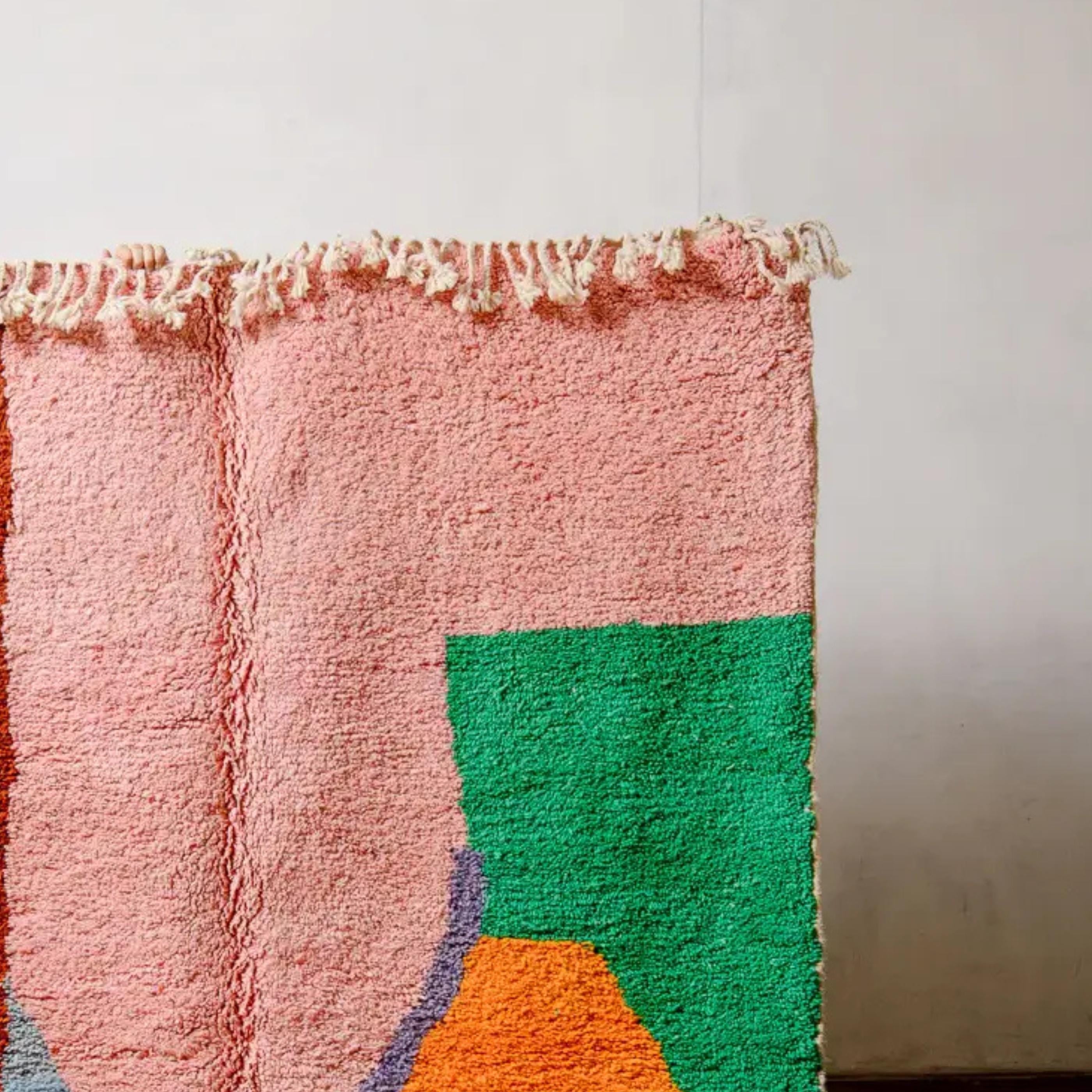 Handmade Pink & Green Beni Ourain Rug, Moroccan Wool rug