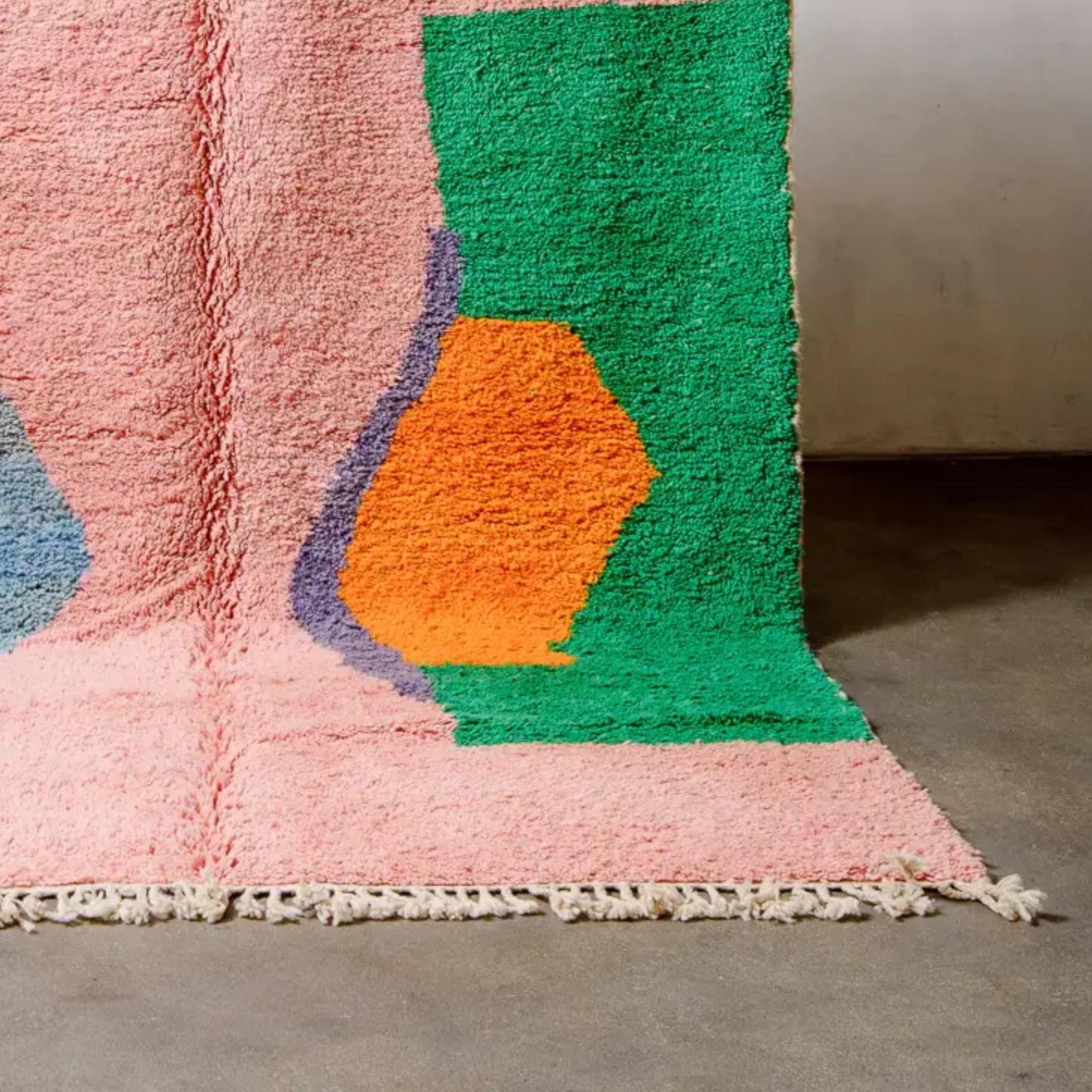 Handmade Pink & Green Beni Ourain Rug, Moroccan Wool rug
