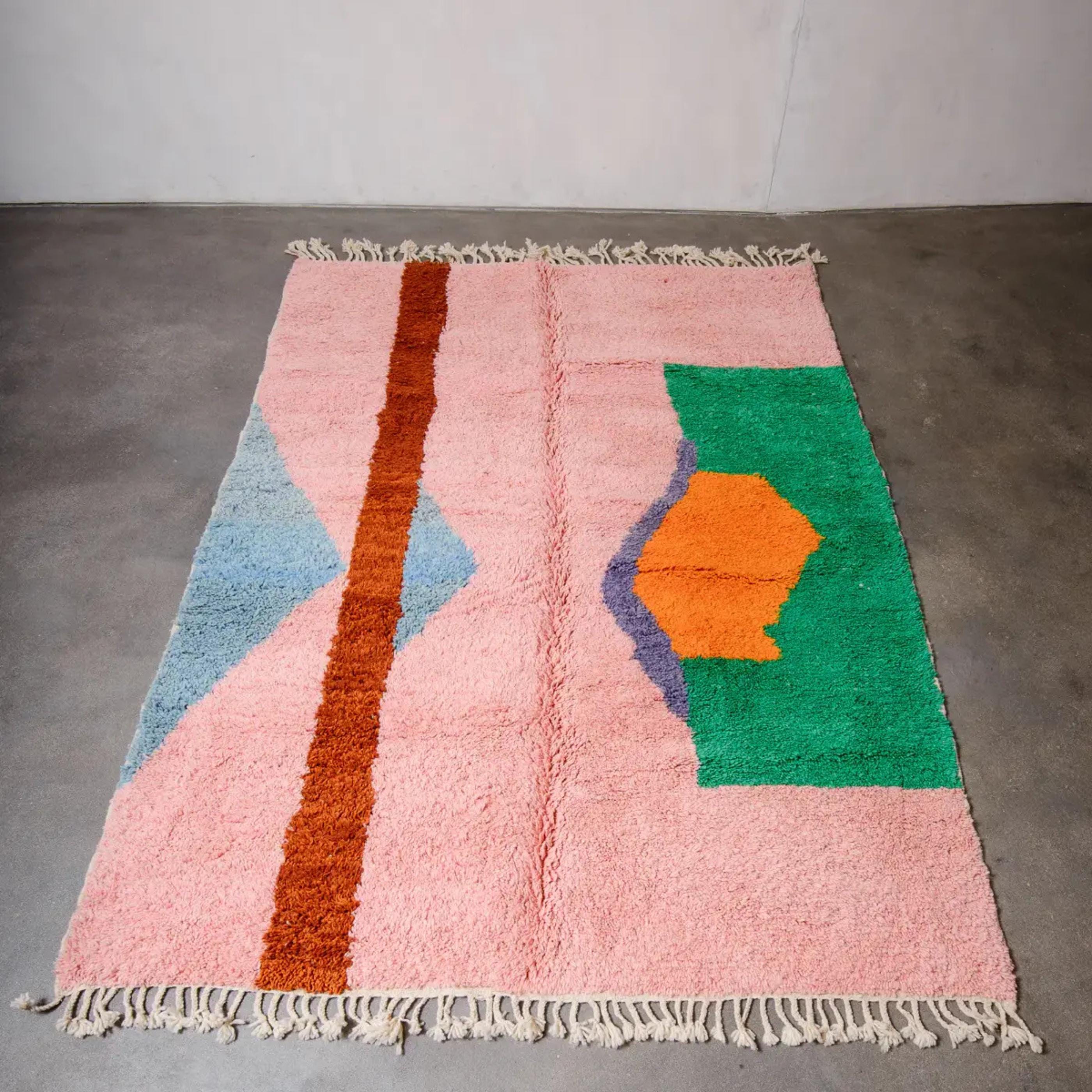 Handmade Pink & Green Beni Ourain Rug, Moroccan Wool rug