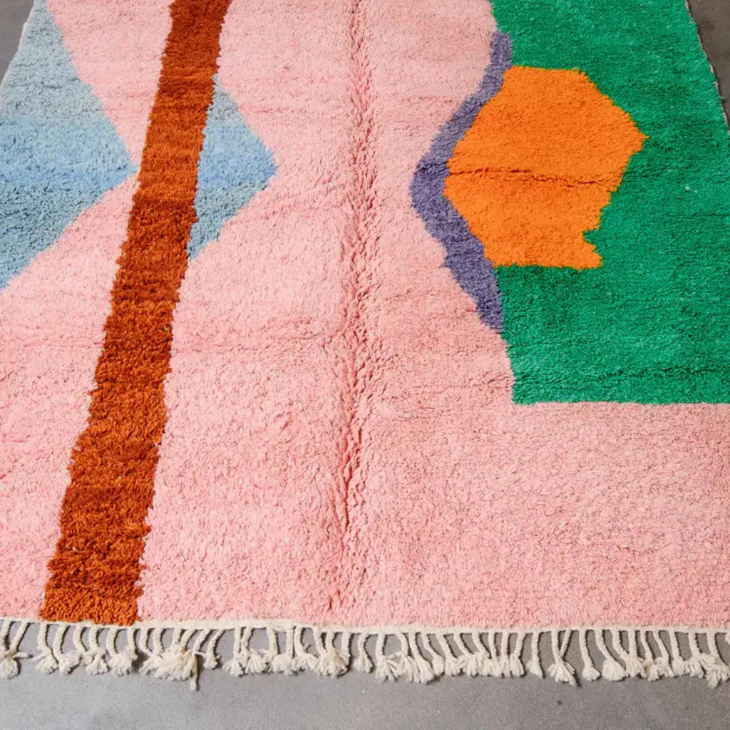 Handmade Pink & Green Beni Ourain Rug, Moroccan Wool rug